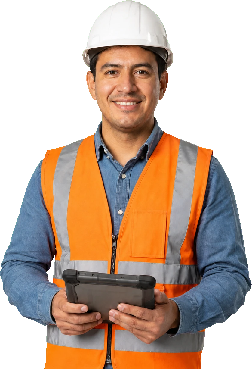 Profesional de construcción de Concreto con casco y tablet