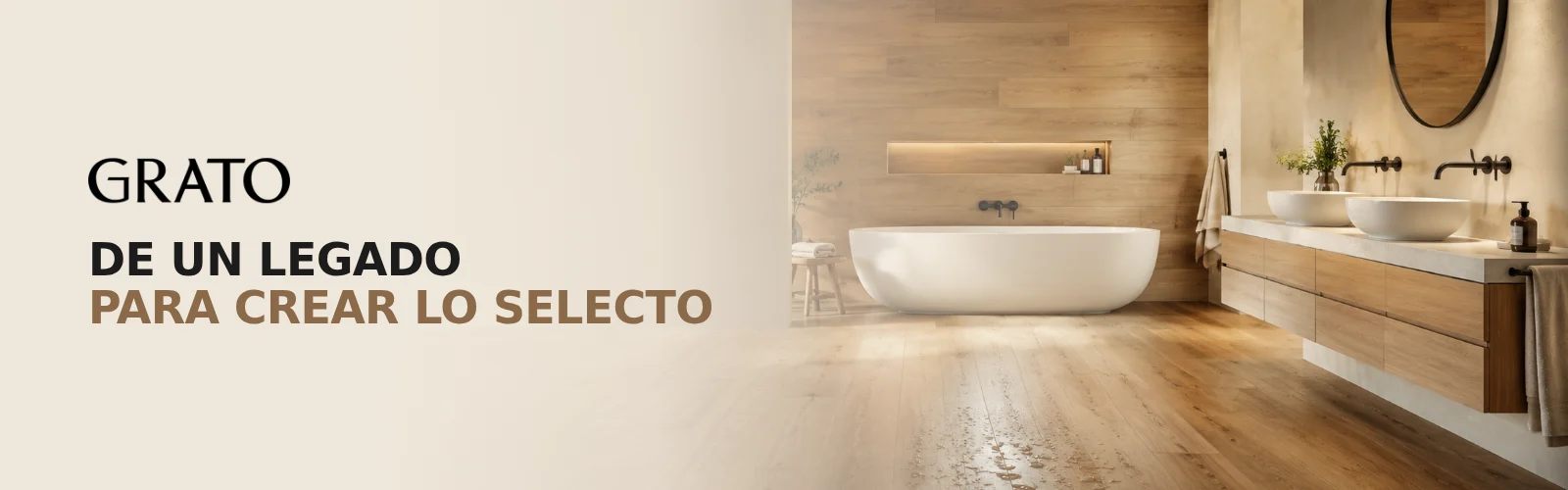 Baño con piso y pared de tarima Grato junto al mensaje De un legado para crear lo selecto
