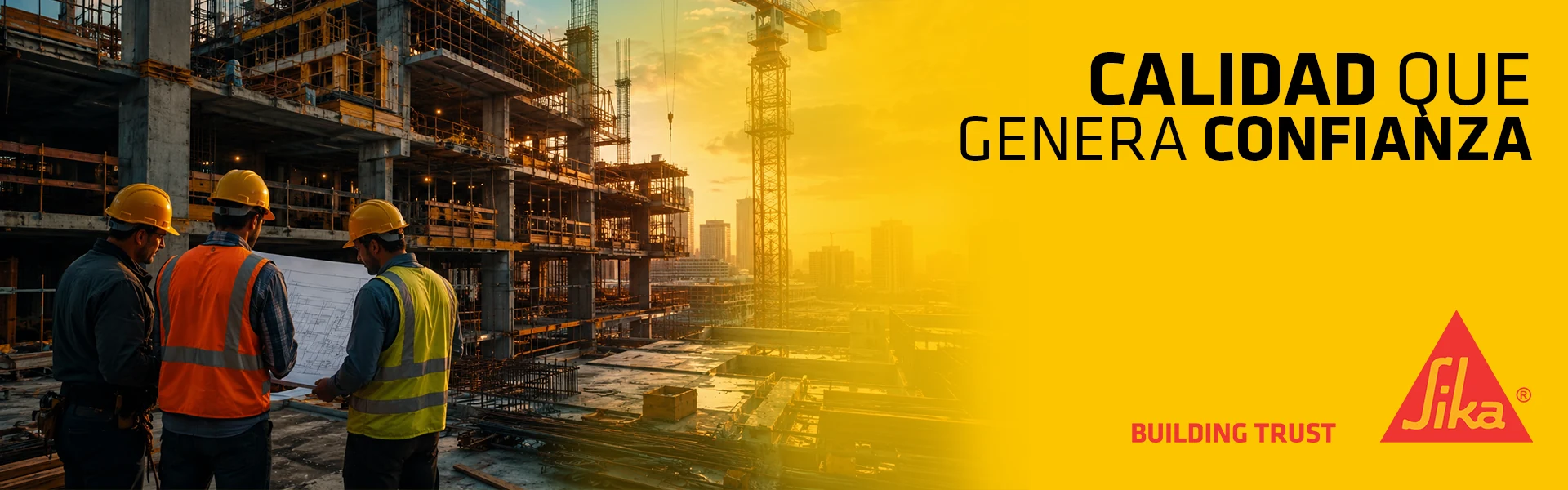 Trabajadores en una obra de construcción junto al mensaje Calidad que genera confianza de Sika